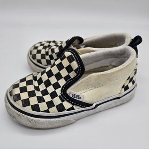 Vans Kids 7c Toddler Black & Cream Checker Slip-On Sneaker Skate Shoes